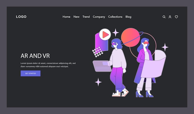 Header de sitio web de concepto Ar y vr con dos personajes inmersos en experiencias virtuales utilizando gadgets
