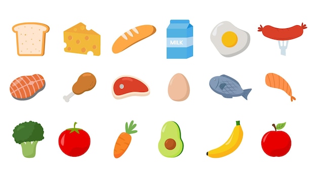 Healthy Food Flat Icon Set Fruits Vegetables Meat Fish Dairy and Bakery Vector Illustration