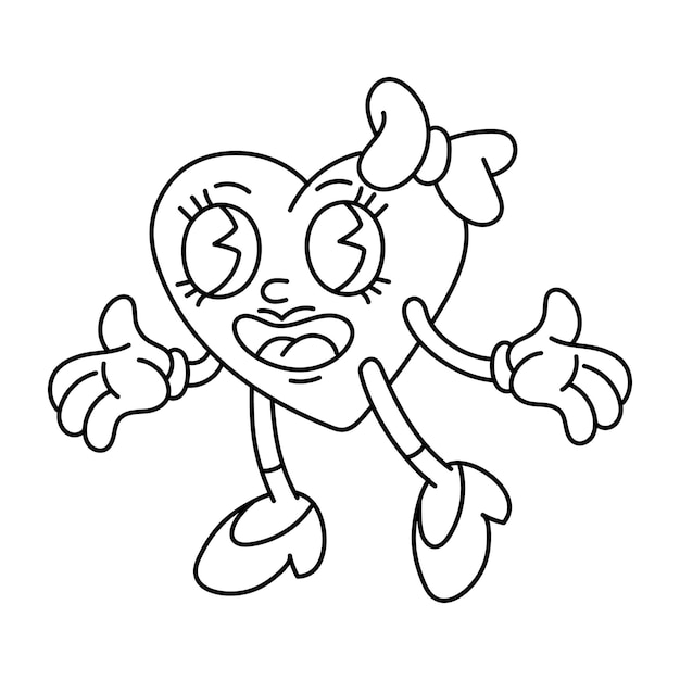 Heart es un personaje femenino retro en forma de corazón con un arco Retro dibujos animados Día de San Valentín