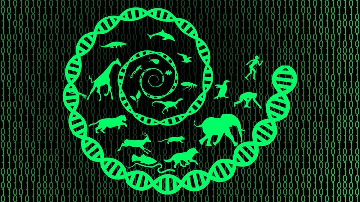 Vector una hebra de adn en espiral a través de la cual pasan varias especies de organismos vivos en un contexto