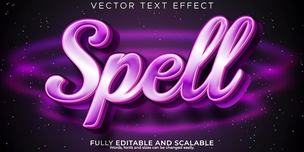 Vector hechizo efecto de texto mágico editable brillante y estilo de texto de bruja