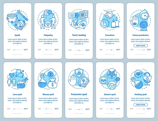 Hechizos mágicos que incorporan la pantalla de la página de la aplicación móvil con un conjunto de conceptos lineales. Instrucciones gráficas de los pasos del tutorial de brujería y hechicería. UX, UI, plantilla vectorial GUI con ilustraciones