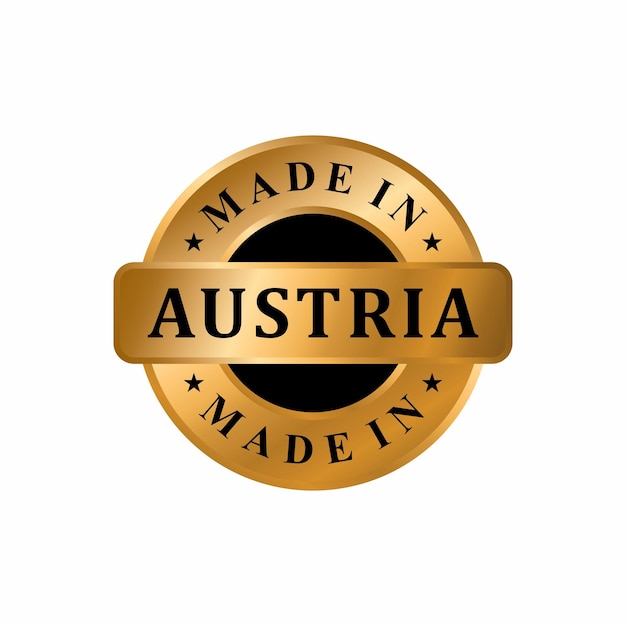 Hecho en AUSTRIA Sello de etiqueta dorada, Sello redondo de la nación con efecto brillante dorado elegante 3D