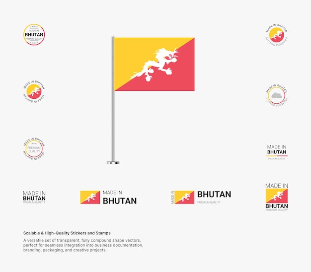 Hecho en Bután Timbres Banderas Etiquetas etiquetas Sellos Iconos Diseños creativos para marcas y envases