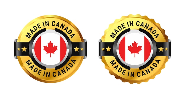 Hecho en Canadá o etiqueta de icono canadiense un círculo dorado con una imagen de una bandera en el vector central