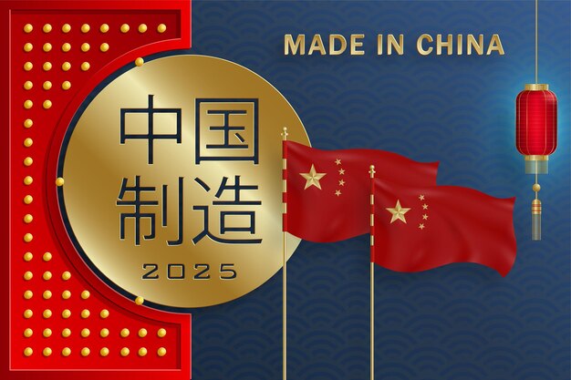 Vector hecho en china, 2025, carácter cortado en papel rojo y dorado y elementos asiáticos con estilo artesanal en el fondo (traducción china: hecho en china 2025)