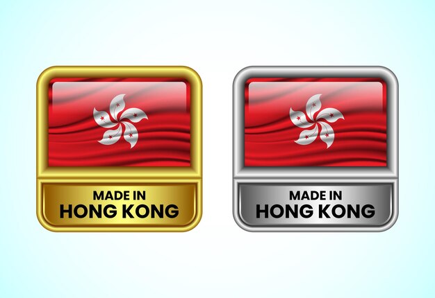 Hecho en Hong Kong icona de etiqueta en color oro y plata Icon de bandera para negocios