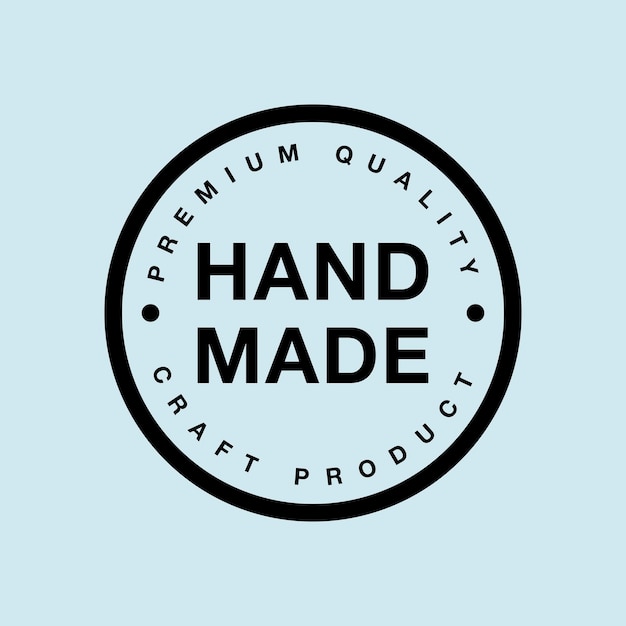 Hecho a mano: logotipo, insignia o insignia redonda. Ilustración de vector de diseño plano. Insignia moderna y elegante con una inscripción sobre fondo gris.
