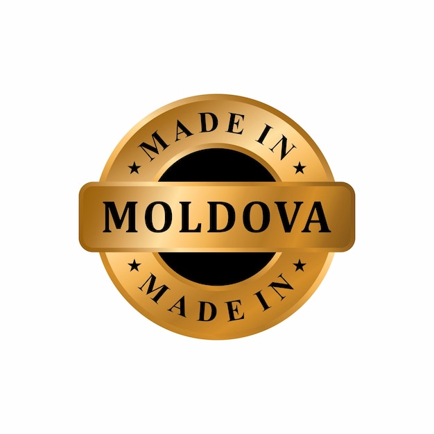 Hecho en MOLDOVA Sello de etiqueta dorada, sello redondo de la nación con efecto brillante dorado elegante 3D