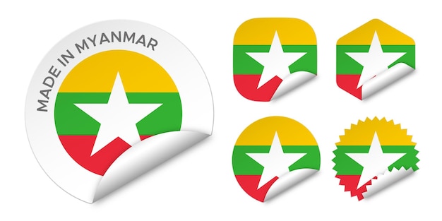 Hecho en Myanmar Birmania bandera pegatinas etiquetas insignia logo 3d vector ilustración maqueta aislado en blanco