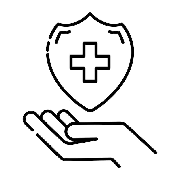 Hecho en el Reino Unido La higiene está protegida por una mano que sostiene un escudo con un estilo de contorno de icono de vector cruzado