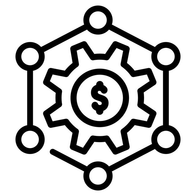Hecho en el Reino Unido un icono de vector de engranajes con un signo de dólar en el interior conectado a seis círculos de crecimiento