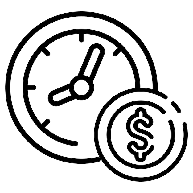 Hecho en el Reino Unido un reloj y un estilo de contorno de icono vectorial de moneda de dólar