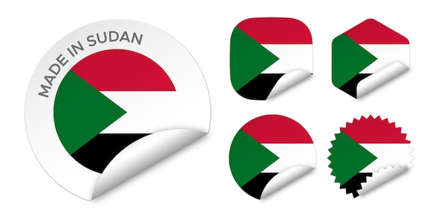 Hecho en Sudán bandera pegatinas etiquetas insignia logo 3d vector ilustración maqueta aislado en blanco