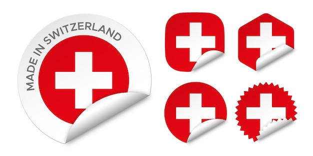 Hecho en Suiza bandera pegatinas etiquetas insignia logo 3d vector ilustración maqueta aislado en blanco