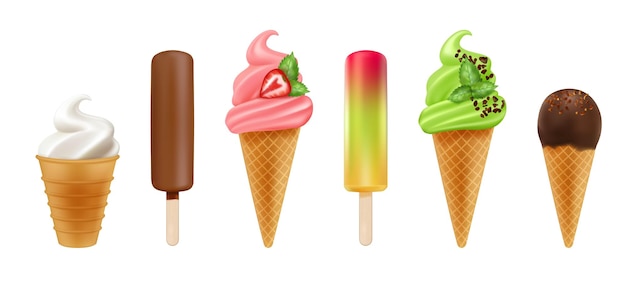 Helado 3D conjunto de postres congelados realistas sabor a frutas caramelo café y chocolate Diseño de plantillas de iconos de alimentos menú de restaurante elementos aislados cafetería de dulces helado de grasa conjunto vectorial