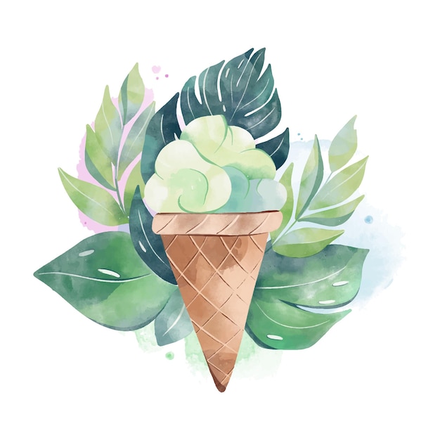 Vector helado de acuarela con fondo de hojas tropicales diseño de cartel de helado