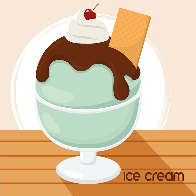 Vector helado aislado con galleta y cereza dibujo icono ilustración vectorial