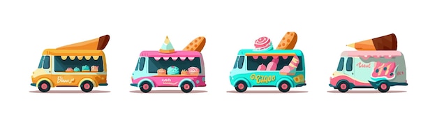 Helado camión de comida furgoneta coche de dibujos animados conjunto Vector ilustración diseño