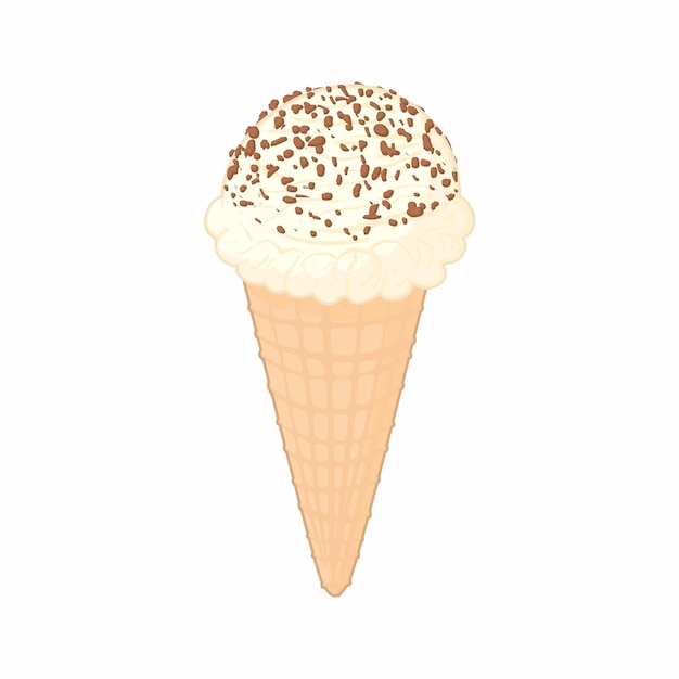 Helado con chispas de chocolate en un icono de cono de gofre en estilo de dibujos animados sobre un fondo blanco