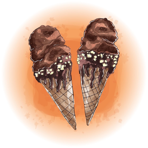 Helado de chocolate de acuarela en gráficos de cono dulce 03