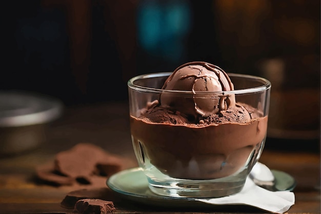 Helado de chocolate en un cuenco de vidrio en una mesa de madera