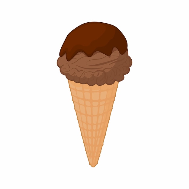 Helado de chocolate en un icono de cono de gofre en estilo de dibujos animados sobre un fondo blanco