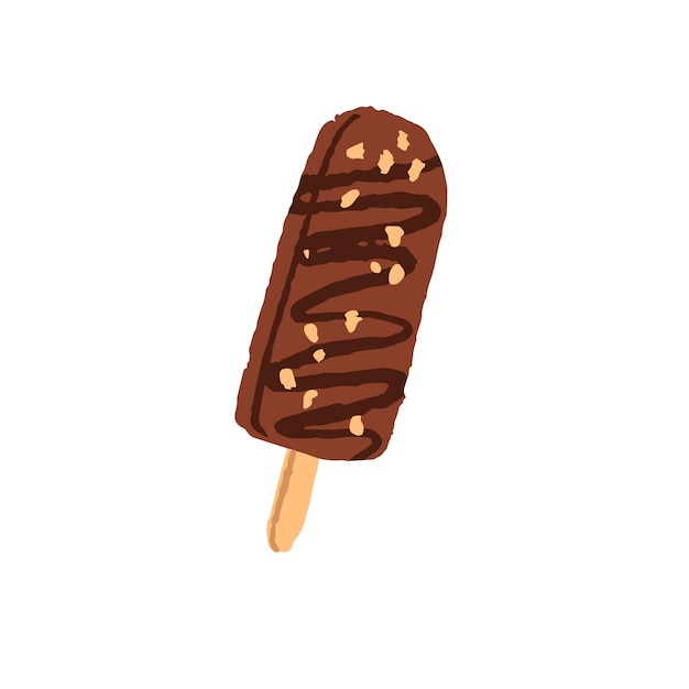 Helado de chocolate en el palo Delicioso helado en la barra Popsicle con nueces Postre de leche congelada Alimentos fríos de verano para refrescar Ilustración vectorial aislada plana dibujada a mano sobre fondo blanco