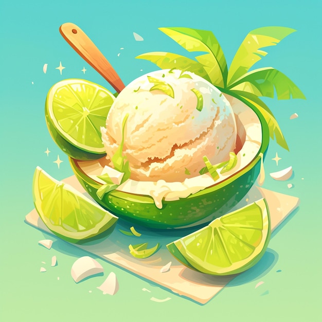 Vector helado de coco con cáscara de lima