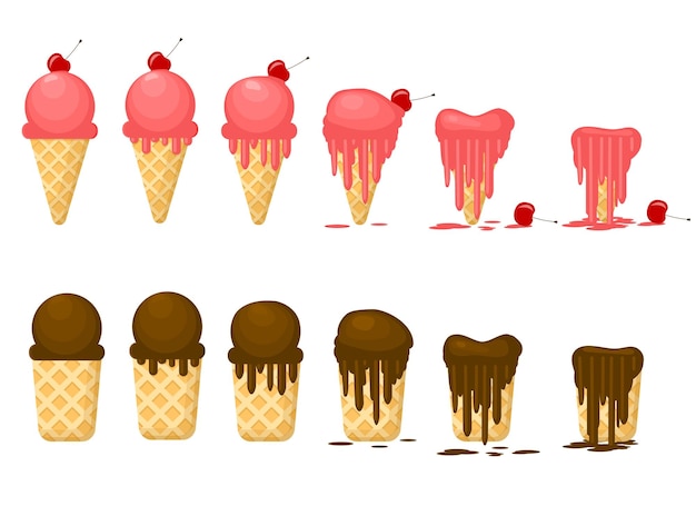 Helado de color de dibujos animados derritiéndose en un conjunto de iconos de cono de galleta elemento de concepto de postre de comida dulce estilo de diseño plano ilustración vectorial de helado