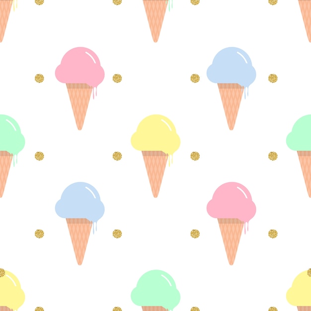 Helado de colores sin fisuras en un cono de galleta con glitter punto de oro sobre fondo blanco