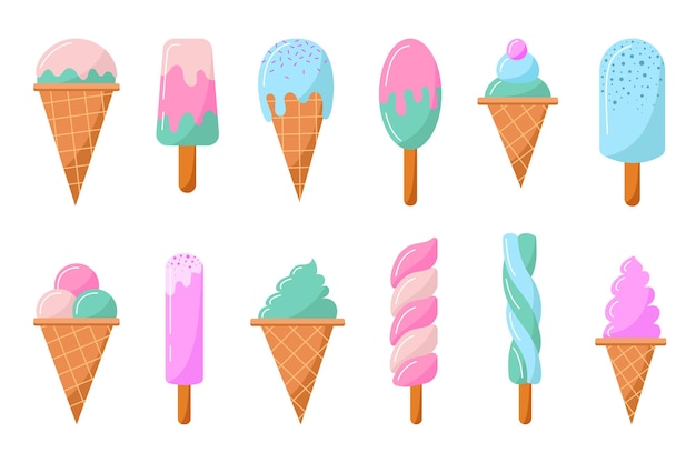 Helado en colores pastel Colección de alimentos dulces Ilustración vectorial de verano