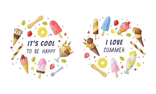 Helado como postre congelado y bocadillo con inscripción conjunto de composición vectorial redonda