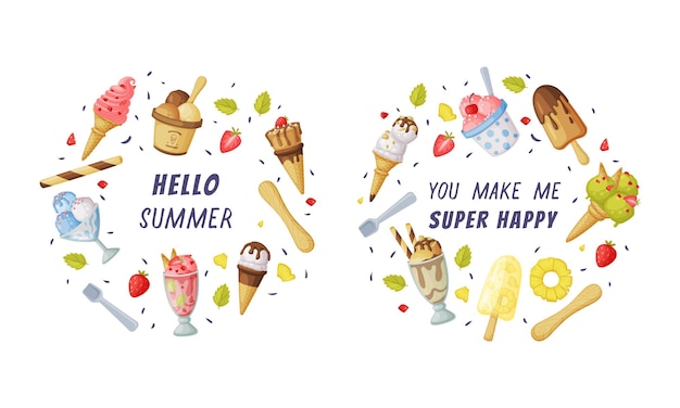 Helado como postre congelado y bocadillo con inscripción conjunto de composición vectorial redonda