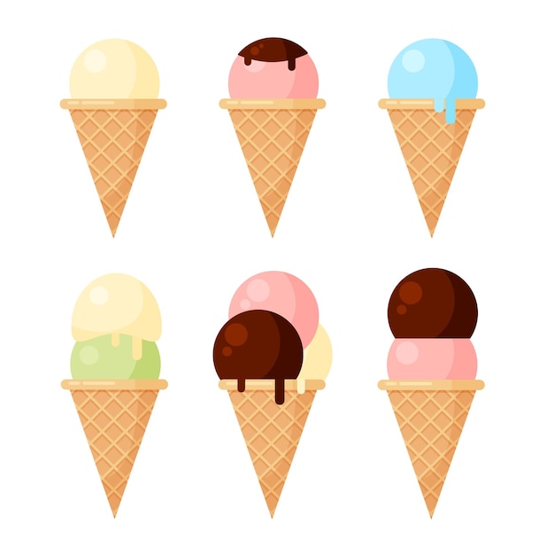 Helado en cono con diferentes rellenos al estilo de dibujos animados de moda. Colección de polos de hielo aislado sobre fondo blanco.