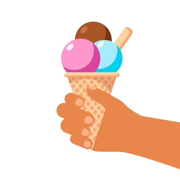 Vector helado en cono de galleta en mano sosteniendo colorido aislado sobre fondo blanco.