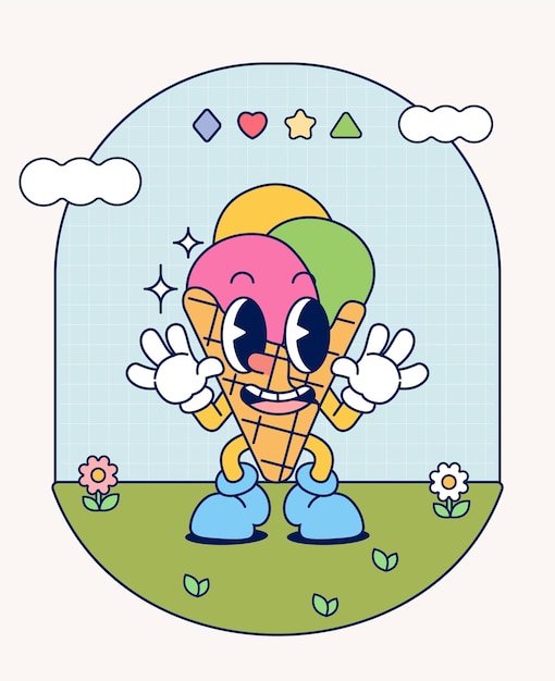 helado de cono personaje retro mascota vintage de moda dibujo a mano dibujos divertidos colección de cómics