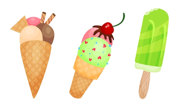 Helado en cono de waffle y en conjunto vectorial de palos