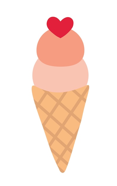 Helado en cono de waffle con corazón comida dulce del día de San Valentín Ilustración plana vectorial