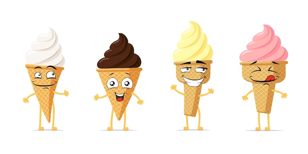 Helado en cono de waffle divertido personaje de dibujos animados sonriente set sundae linda expresión de cara feliz