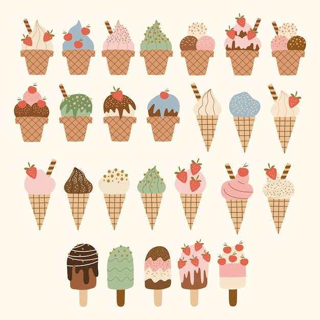 Helado en copa de cono y palo con varias coberturas
