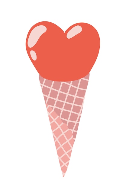 Helado de corazón de cono de galleta Ilustración de stock vectorial Helado de estilo de dibujos animados aislado