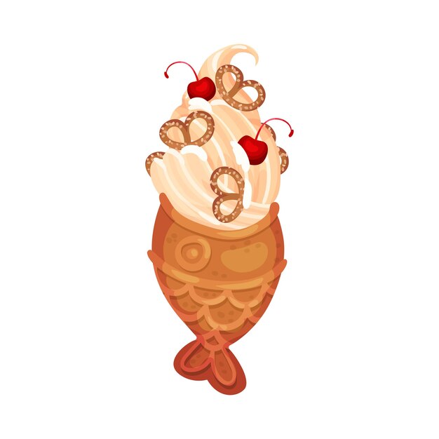 Helado cremoso con cereza y pretzels vertido en una ilustración vectorial de waffle en forma de pez