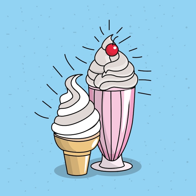 helado con cucurucho y vaso de vidrio