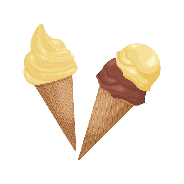 Vector helado delicioso helado en un cono de galleta helado de vainilla postre frío ilustración vectorial aislada en un fondo blanco