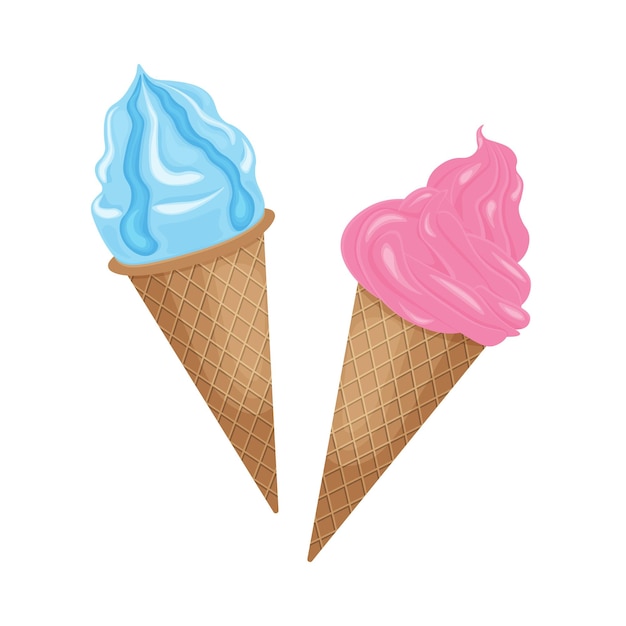 Helado. Delicioso helado en un cono de galleta. Helado de vainilla rosa y azul. Ilustración de vector aislado sobre fondo blanco.