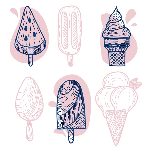 Helado dibujado a mano rosa y azul conjunto de garabatos Ilustración vectorial aislado sobre fondo blanco