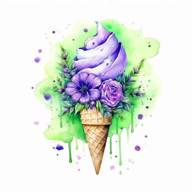 Vector helado con flores pintura de acuarela