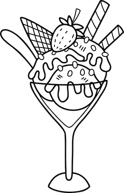 Vector helado de fresa dibujado a mano con ilustración de taza