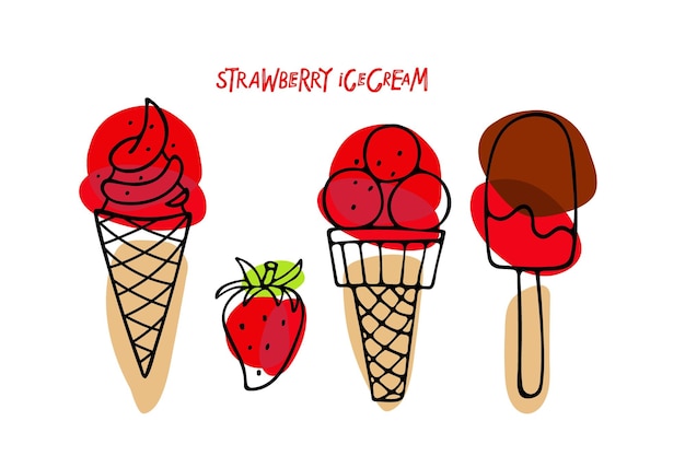 Helado de fresa set tipos de helado fresa rebanada fruta boceto dibujado a mano